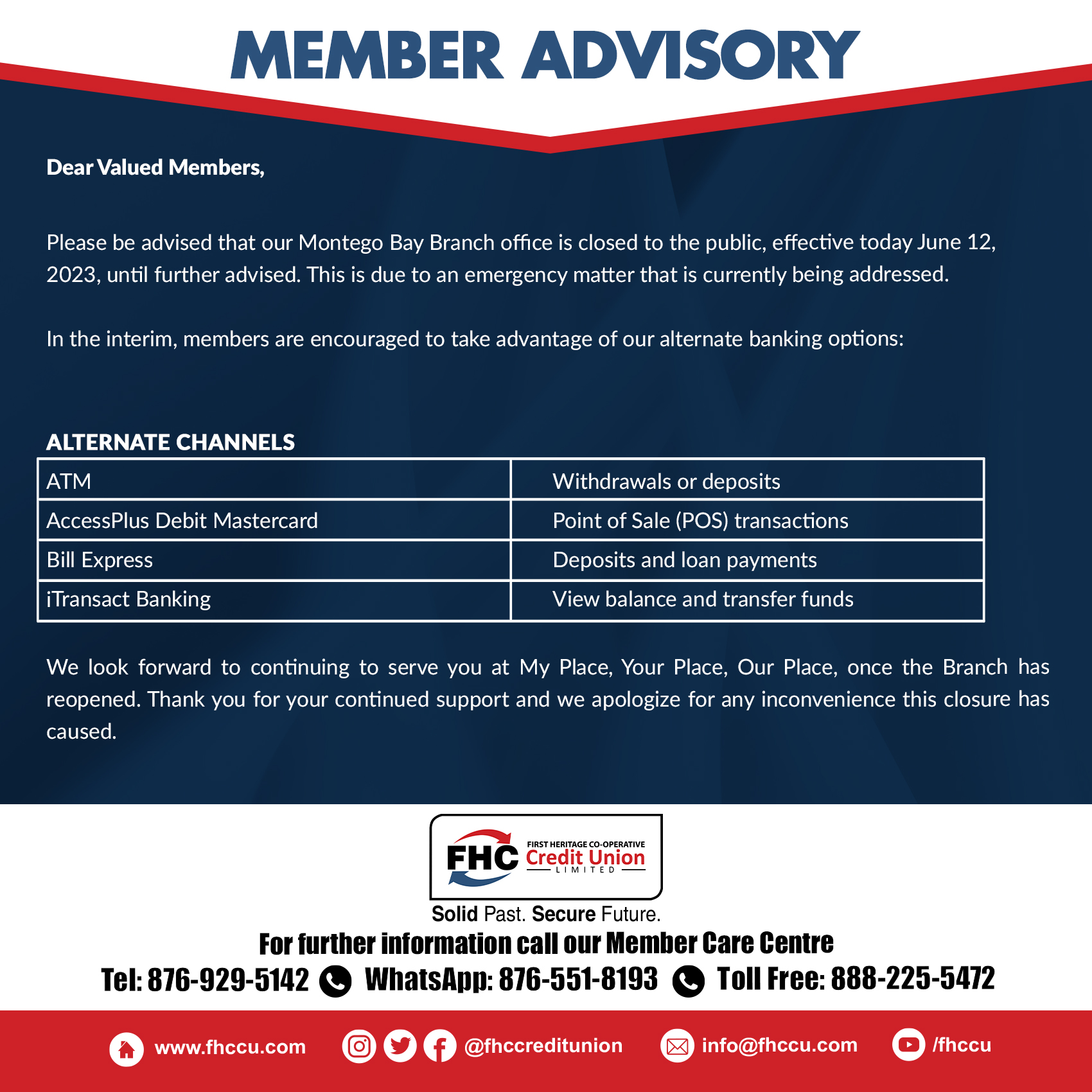 FHC Member Advisory Montego Bay Branch June 12 2023