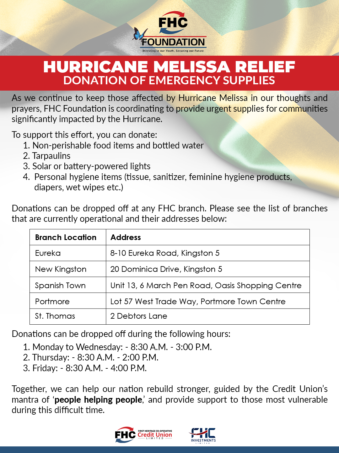 FHC Hurricane Melissa Relief 1A 2025 Email